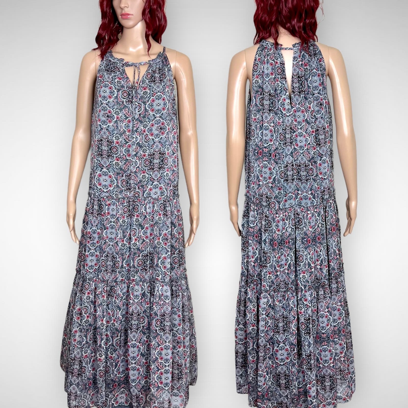 Drew Navy Medallion Maxi Dress Womens Medium Multicolor Flowing Halter Nwt